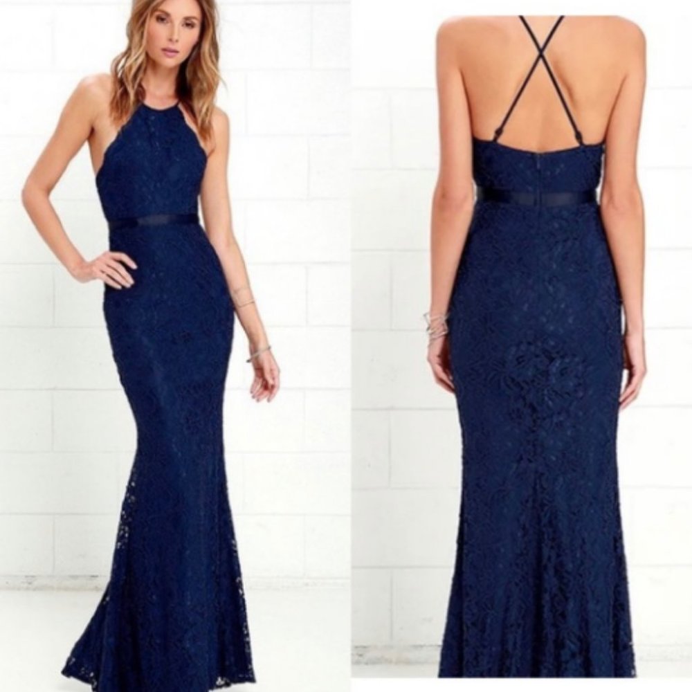 LuLu's Navy Blue  Zenith Lace Maxi Dress Gown